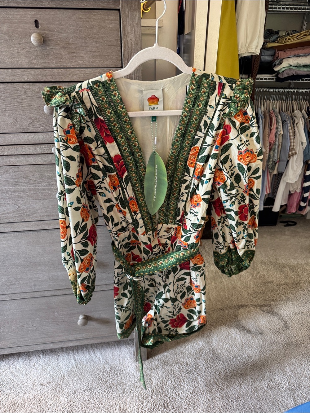 FARM Rio Cream Romper with Green Trim & Orange Floral Print